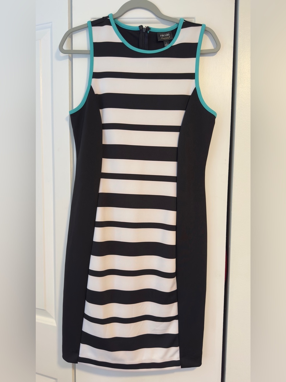 NWT Nicole by Nicole Miller Black&WhiteStriped Sleeveless SheathDress TealTrim|L